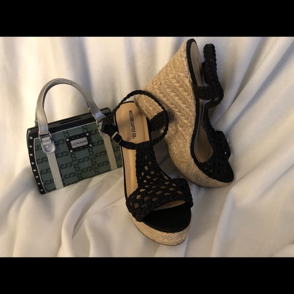 Black Wedge Sandals Macrame with Espadrille Heels - Picture 6 of 8